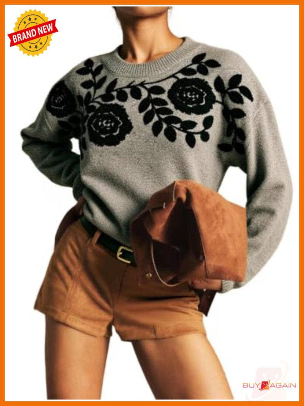 Boho Floral Embroidered Pullover Sweater Crew Neck Rib Knit Loose Fit